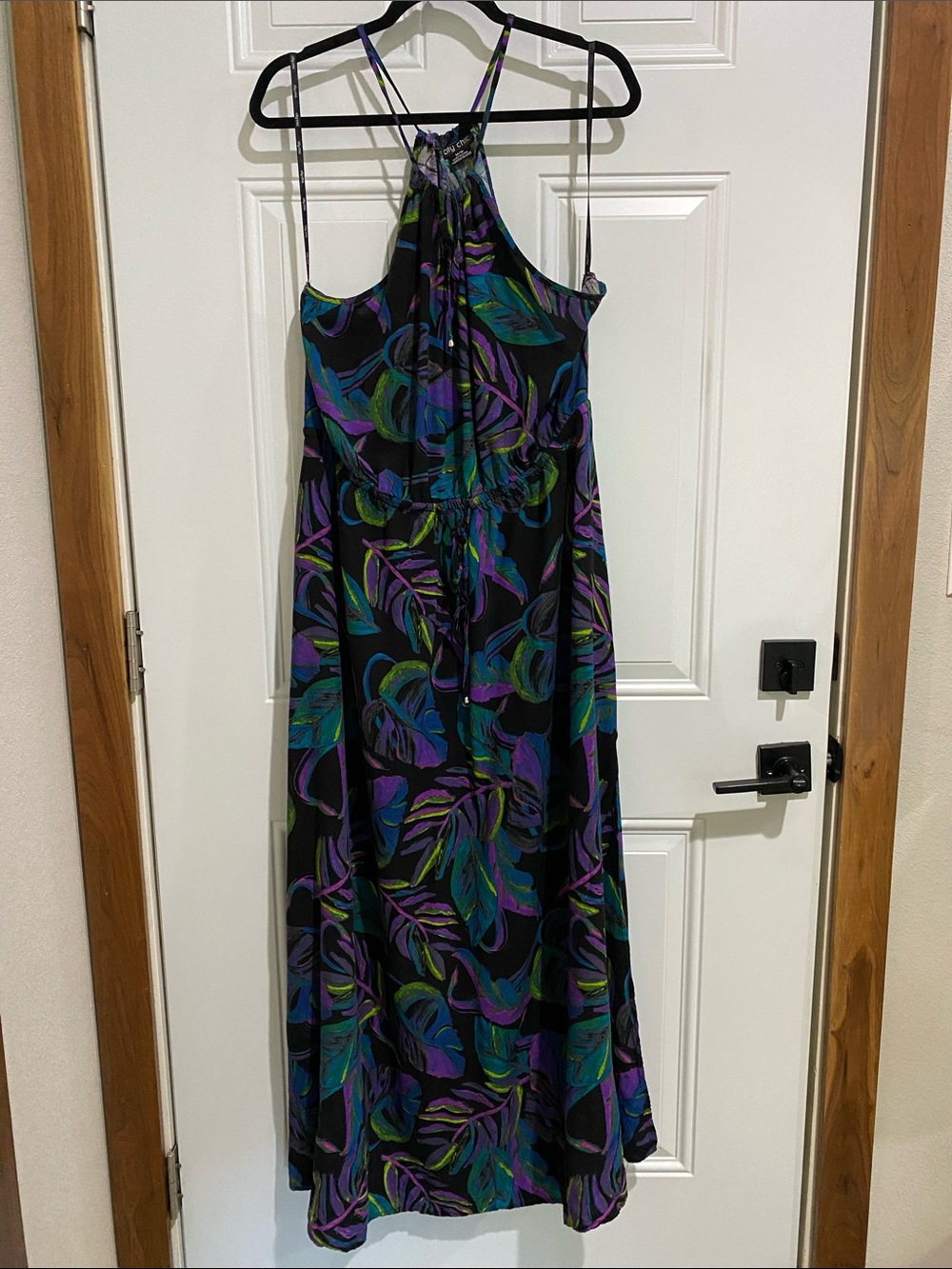Women’s Black Tropical Print Maxi Dress with Purple & Teal Accents